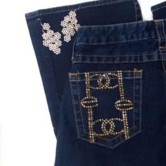 Bebe Kayla Gold Rhinestone Embellished Deep Wash Flare Stretchy Jeans Size: 26P - Picture 7 of 9